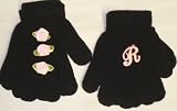 Set of Two Pairs of One Size Black Magic Stress Gloves for Infants Ages 1-4 Years with Customer Chosen Pink Monogram Letters Other with Three Pink Rosebuds