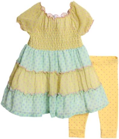 BT Kids Little Girls' 2 Piece Yellow Blue Sheer Overlay Dress Polka Dot Leggings