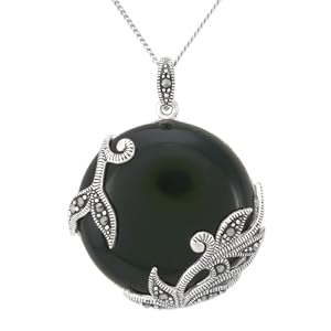 Sterling Silver Marcasite Leaves Overlay Round Onyx Pendant Necklace