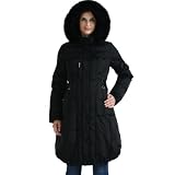 Momo Maternity Womens Hooded Quilted Pattern Detail Down Coat with Faux Fox Fur Trim