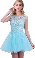 A-line Cocktail Short Cap Sleeves Tulle 2015 Backless Beaded Lace Scoop Neck Flared-Skirt Evening Dress/Homecoming Dress/Prom Dress/Party Dress/Wedding Dress 