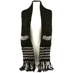 Winter Cable Knit Stripe Long Fringe Scarf Shawl Ski Hat with Pockets Mitten Black