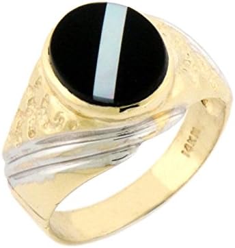 14k Solid Gold Oval Onyx & Mother of Pearl Mens Ring