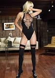 2PC Opaque Sheer Lace Up Front Teddy Sexy Lingerie Intimate Apparel with Thigh High Nylon Stockings