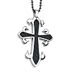 Stainless Steel Black Carbon Fiber Inlay Cross With Fleur De Lis Styling on 24 inch Black Ball Chain