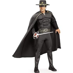 Adult  Halloween Costume Black Deluxe Zorro Outfit with Cape for Men Patented Muscle Chest Design