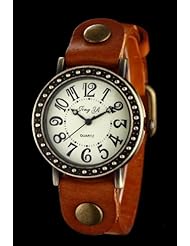 Youyoupifa Ladies Polka Dot Round Face Digital l Quartz Brown Leather Strap Wrist Watch