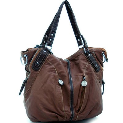 Soft Fashion Stone Washed Tote/ Hobo Bag W/ Decorative Pockets Faux Leather Brown/ Coffee