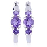 Rhodium Plated Sterling Silver Genuine Amethyst Hoop Earrings