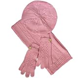 CABLE KNIT BABY PINK BERET HAT SCARF & GLOVE SET