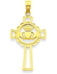 14K Yellow Gold Claddagh Cross Pendant Charm Jewelry