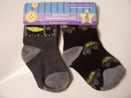 Max Grey Baby Socks ~ Set of 2, 18-24 Months (Yellow Construction Truck on Gray; Cars on Black)