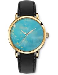SPRAWL Aanalog Fashion Series Gold Ladies Watches of Genuine Black Leather Strap,Unique Wrist Watch for Women Girls Designed with Yellow petal on blue sky