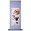Handmade Asian Wall Art Scroll Painting On Textured Blue Brocade - Cats & Spring Flowers