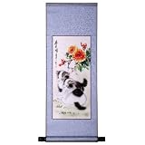 Handmade Asian Wall Art Scroll Painting On Textured Blue Brocade - Cats & Spring Flowers