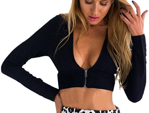 Women's Long Sleeve V Neck Front Zipper Crop Tank Tops Medium