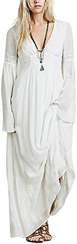 Chicnova Women Floral Print Deep V Neck Flare Sleeves Embroidered Long Maxi Dress