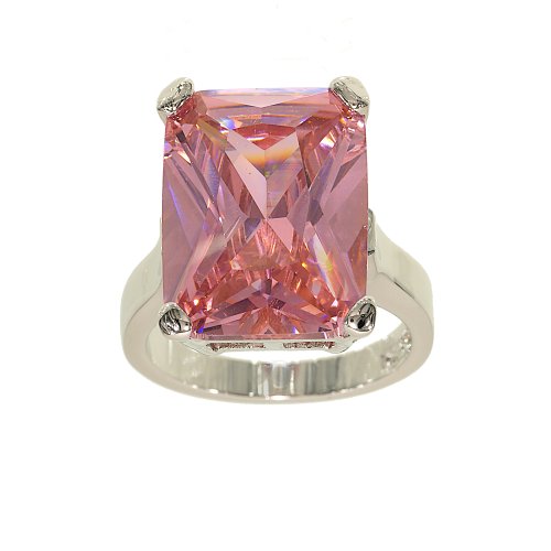 Very Large Pink Cubic Zirconia Single Stone Cockail Ring with Silvertone Double Base Setting