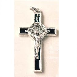 Black Enamel Inlay Saint Benedict Crucifix - 2" Height - Latin Cross - Pendant - Made in Italy