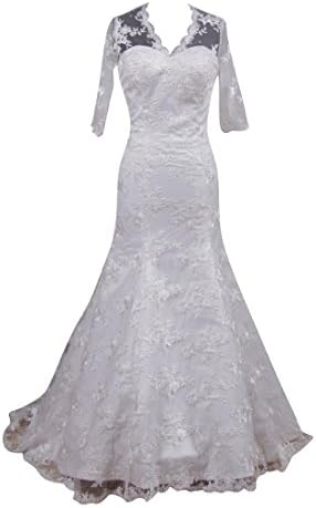 Women's V-Neckline 3/4Sleeve Lace And Tulle With Satin Wedding Gown Ivory 2X