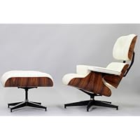Modern Classic Plywood Lounge Chair and Ottoman with Palisander Base and White Leather Uphostery