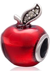 Hoobeads Authentic .925 Sterling Silver Charms, Snow White's Apple with Transparent Red Enamel and Green Cz Stone Fits European Bracelets Chain