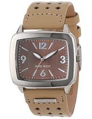 Nine West Womens NW1081BNCM Square Silver-Tone and Tan Strap Watch