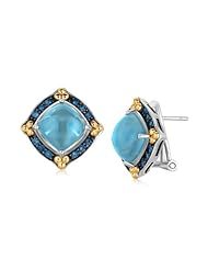 18K Yellow Gold and Sterling Silver Blue Topaz Earrings with Blue Sapphires
