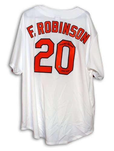 Frank Robinson Autographed/Hand Signed Baltimore Orioles White Majestic Throwback Jersey Inscribed '