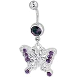 Purple Crystal And Silver Tone Butterfly Dangle Belly Ring