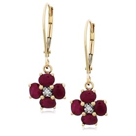 14k Yellow Gold Diamond and Ruby Floral Dangle Leverback Earrings