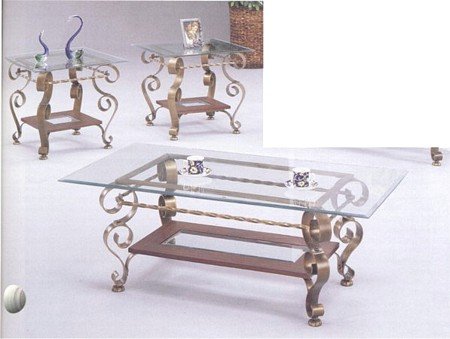 Classic Orleans Bronze Iron Scroll Collection 3PC Coffee Table and 2 End/Side Occasional Tables Set with Glass Top and Insert Bottom Tier 