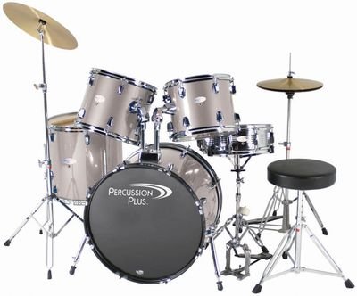 Percussion Plus Deluxe Beginner 5-Piece Drum Set w Cymbals and Throne - Metallic Smoky Silver