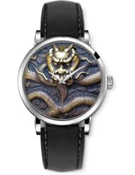 SPRAWL Aanalog Fashion Series Silver Ladies Watches of Genuine Black Leather Strap,Unique Wrist Watch for Women Girls Designed with Engraving dragon