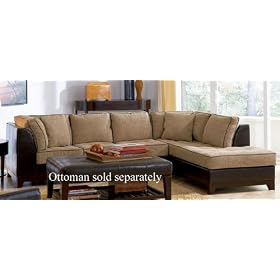 Sectional Sofa with Tufted Seat Beige Chenille Dark Brown Leather Like