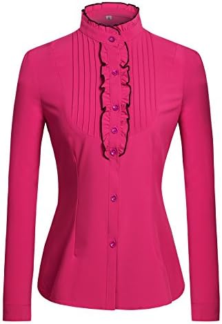 Zerdocean Women Elegant Stand Collar Lotus Leaf Ruffle OL Top Blouse Shirt Rose Red US 10