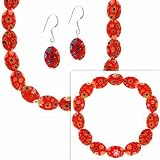 Sterling Silver Murano Glass Red Oval Millefiori Bracelet Earrings and Necklace Jewelry Set