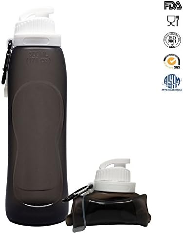 JulySky Collapsible Silicone Water Bottle BPA Free FDA Approved Portable Design Sports Bottle Leak Proof Reusable Ice Pack 17oz (Dark)