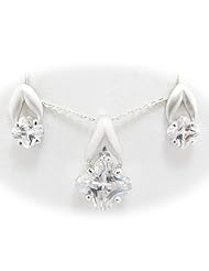 Sterling Silver Shamrock Clover CZ Pendant Earrings Flat Cable Chain 18 inch
