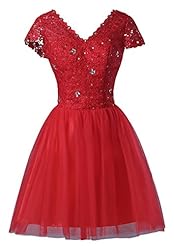 V-neck Cap Sleeves Lace Corset   Waistline Prom Dress 