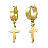 Stainless Steel Gold Hinged Drop Hoop Cross Earrings