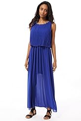 Short Elasticized   Waistline Beaded Pleated Sleeveless Round Neck Chiffon/Polyester Evening Dress/Prom Dress/Maxi Dress 