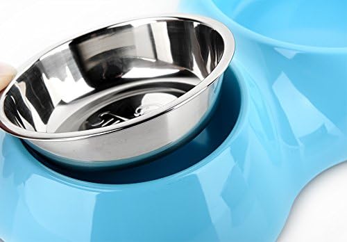 Franks Deals® [Brand] Stainless Steel Bowl Double Diner Dog Cat Pet Food Water Plastic Stand 2 Bowl Set - Small - Blue