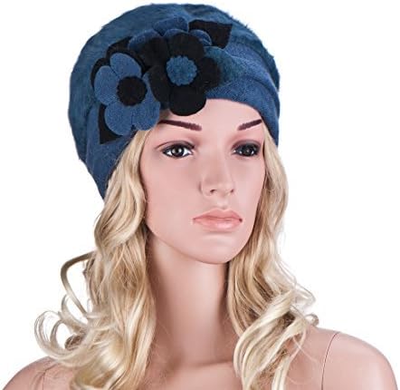 Womens Winter Angola Rabbit Fur Wool Flower Trim Beanie Cap Crochet Hat A036 (Blue)