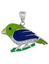 Sterling Silver Parrot Bird Pendant w/ Cubic Zirconia Stones, 1 in. (26mm) wide, Enamel Finish