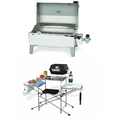 Camco Stainless Steel Portable Propane Gas Grill and Deluxe Grilling Table Bundle