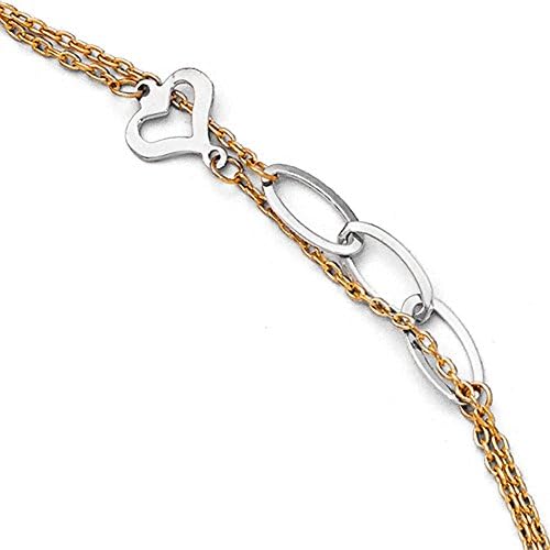 14K White and Yellow Gold Polished Double Strand Anklet, 9 inches, with 1 inch Extension