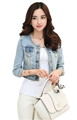 M.O.D.E.　レディース 色落ち ノーカラーコートタイプ デニム ジャケット ジージャン カジュアル スタイル スリム 大きいサイズ