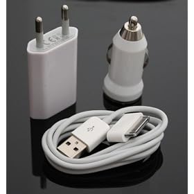 PlaneteMobile - Chargeur 3 en 1 Secteur + Voiture + USB Pour Apple iPhone iPod Nano Touch MP3 MP4 , IPHONE 3, IPHONE 3GS, IPHONE 4 Chargeur secteur USB pour Apple iPhone iPod Nano Touch MP3 MP4 , IPHO