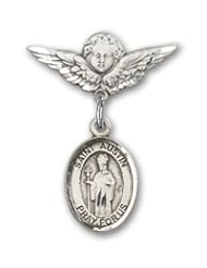 Sterling Silver Baby Badge with St. Austin Charm and Angel with Wings Badge Pin